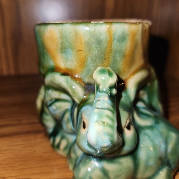 Vintage Green Ceramic Elephant Vase with Unique Trunk Design & Glossy Finish - Picture 2 of 11